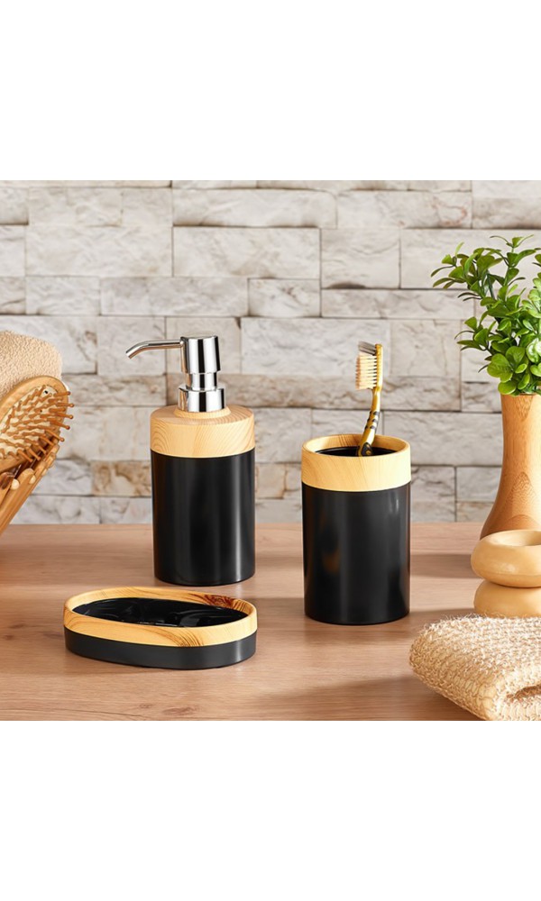 BersaChef Limpia Bambu Desenli 5'li Banyo Seti Çöp kovası Sıvı Sabunluk diş fırçalık kutusu Banyo Seti Siyah