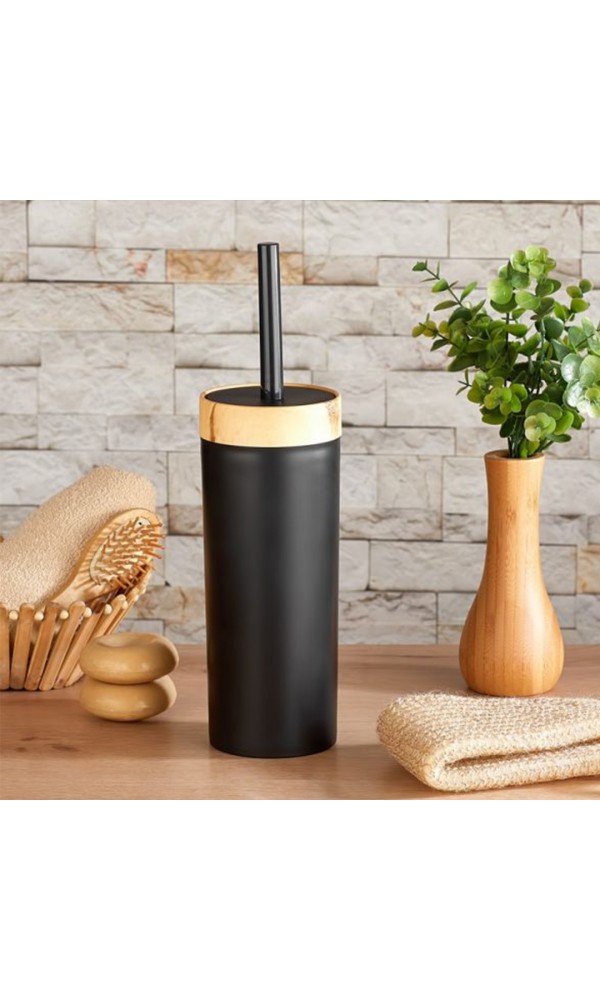 BersaChef Limpia Bambu Desenli 5'li Banyo Seti Çöp kovası Sıvı Sabunluk diş fırçalık kutusu Banyo Seti Siyah