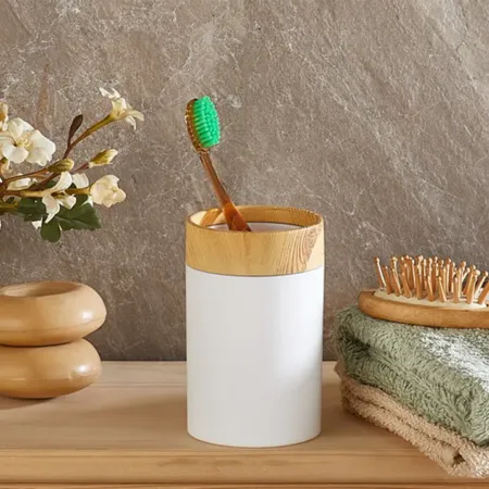 BersaChef Limpia Bambu Desenli 5'li Banyo Seti Çöp kovası Sıvı Sabunluk diş fırçalık kutusu Banyo Seti Beyaz