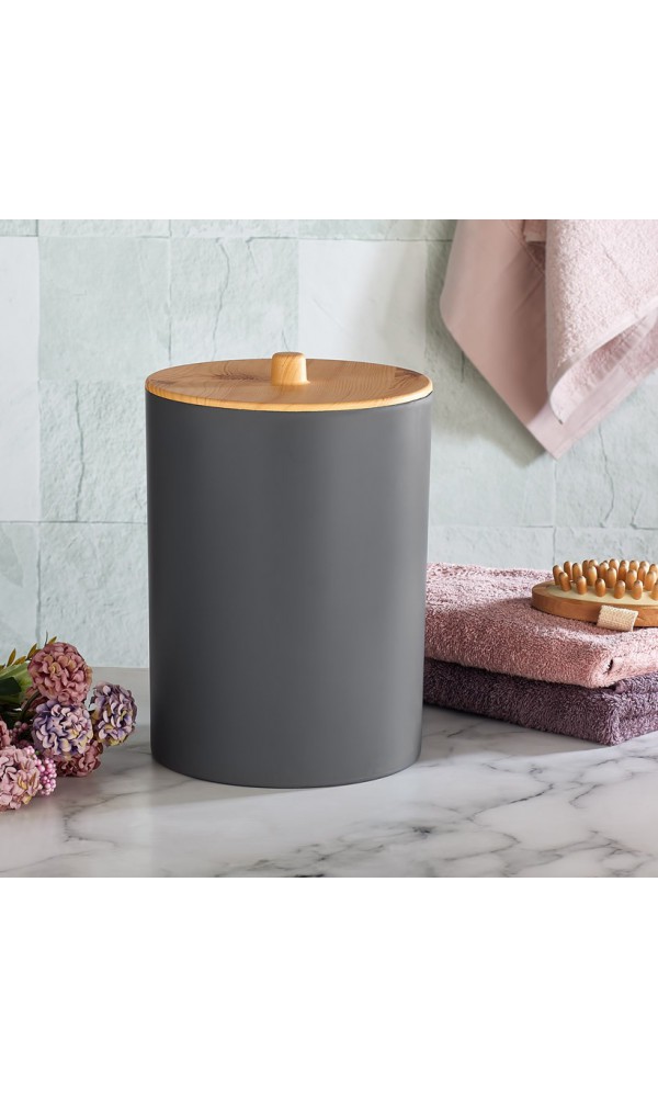 BersaChef Limpia Bambu Desenli 5'li Banyo Seti Çöp kovası Sıvı Sabunluk diş fırçalık kutusu Banyo Seti Gri