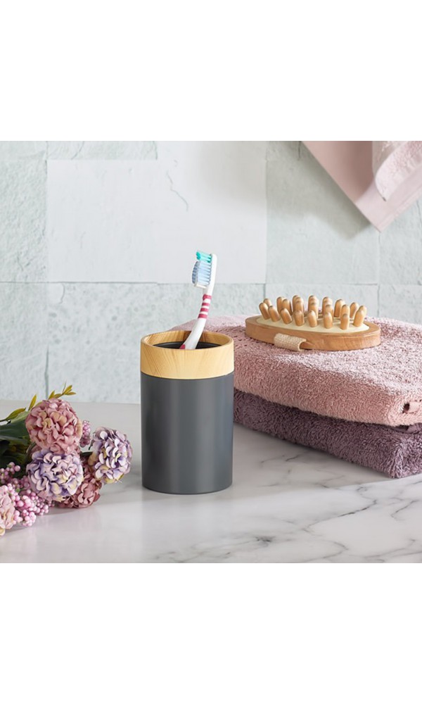 BersaChef Limpia Bambu Desenli 5'li Banyo Seti Çöp kovası Sıvı Sabunluk diş fırçalık kutusu Banyo Seti Gri