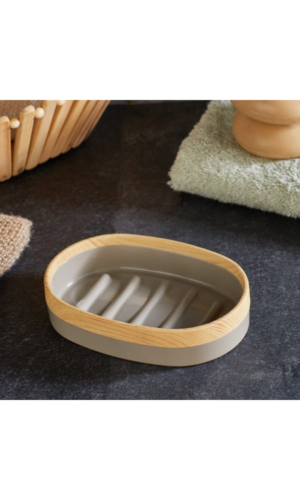 BersaChef Limpia Bambu Desenli 5'li Banyo Seti Çöp kovası Sıvı Sabunluk diş fırçalık kutusu Banyo Seti Krem