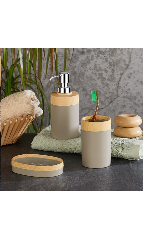 BersaChef Limpia Bambu Desenli 5'li Banyo Seti Çöp kovası Sıvı Sabunluk diş fırçalık kutusu Banyo Seti Krem