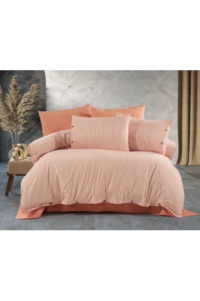 Çift Kişilik Çarşaflı Nevresim Takımı Pamuklu 4 Yastıklı 6 Parça Turuncu Çizgili