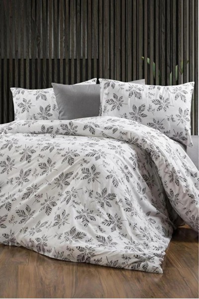 Çift Kişilik Çarşaflı Nevresim Takımı Pamuklu 4 Parça Desenli Beyaz Palmiye