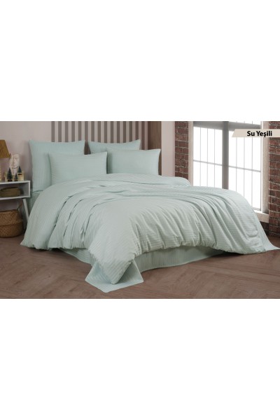 Su Yeşili Pamuk Saten Cizgili Çift Kişilik Nevresim Takımı 4'lü