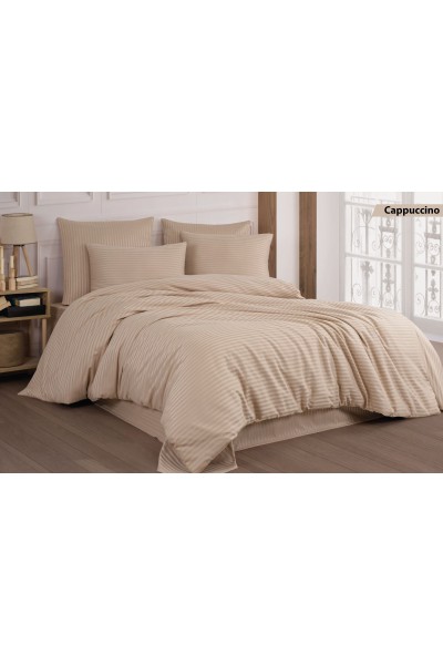 Cappuccino Pamuk Saten Cizgili Çift Kişilik Nevresim Takımı 4'lü