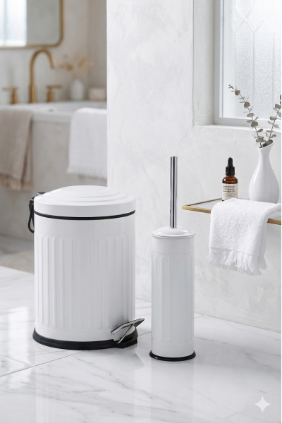 Retro 5 Litre Banyo Seti Çöp Kovası ve WC Fırçalık Amortisör Kapaklı Beyaz Retro 5 Litre Banyo Seti Çöp Kovası ve WC Fırçalık Amortisör Kapaklı Beyaz