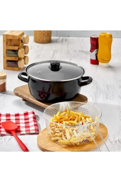 bersachef Black Kapaklı Emaye Kızartma Tenceresi Fritöz Patates