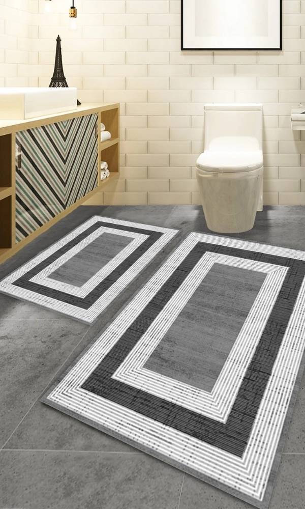 Oabhome Safir 2'li Banyo Paspası Seti – Yıkanabilir, Kaymaz Taban, Renkli Dekoratif, Dijital Baskı, Gri-Beyaz-Siyah