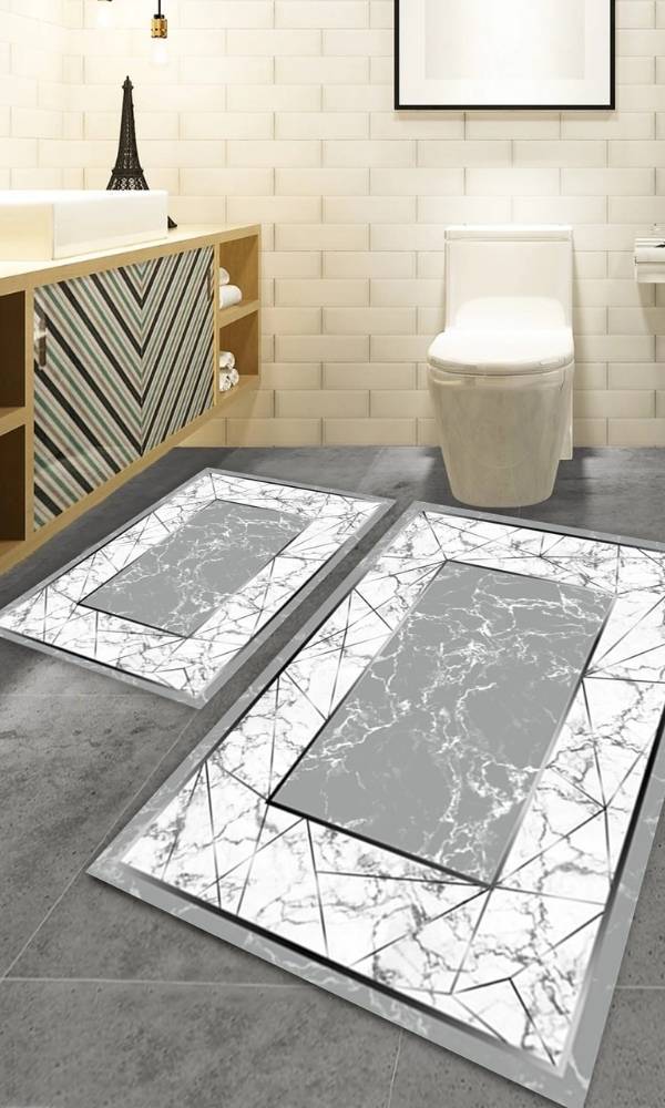 Oabhome Safir 2'li Banyo Paspası Seti – Yıkanabilir, Kaymaz Taban, Renkli Dekoratif, Dijital Baskı, Beyaz-Gri