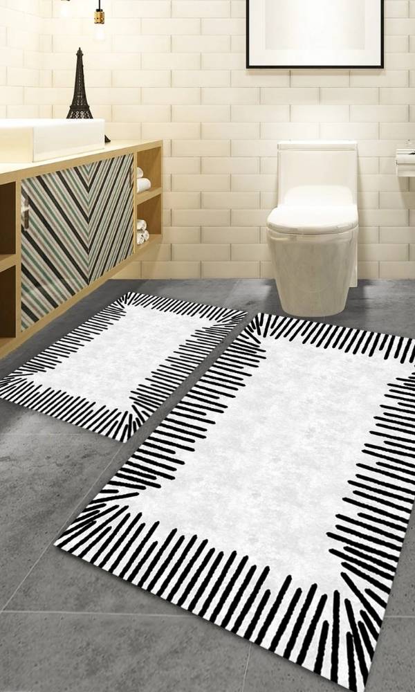 Oabhome Safir 2'li Banyo Paspası Seti – Yıkanabilir, Kaymaz Taban, Renkli Dekoratif, Dijital Baskı, Beyaz-Siyah