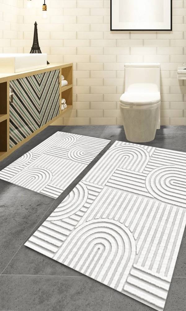 Oabhome Safir 2'li Banyo Paspası Seti – Yıkanabilir, Kaymaz Taban, Renkli Dekoratif, Dijital Baskı, Beyaz