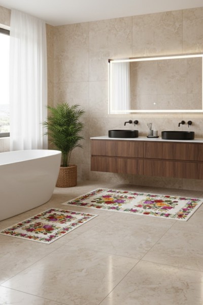 Oabhome Safir 2'li Banyo Paspası Seti – Yıkanabilir, Kaymaz Taban, Renkli Dekoratif, Dijital Baskı, Çiçek Desenli