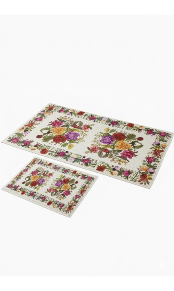 Oabhome Safir 2'li Banyo Paspası Seti – Yıkanabilir, Kaymaz Taban, Renkli Dekoratif, Dijital Baskı, Çiçek Desenli