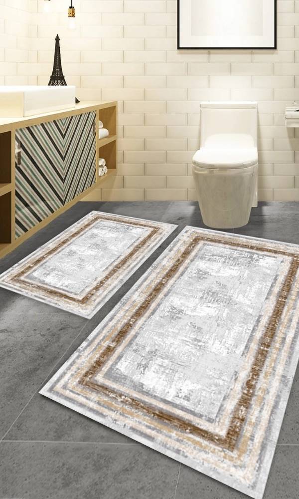 Oabhome Safir 2'li Banyo Paspası Seti – Yıkanabilir, Kaymaz Taban, Renkli Dekoratif, Dijital Baskı, Kahve-Grimsi