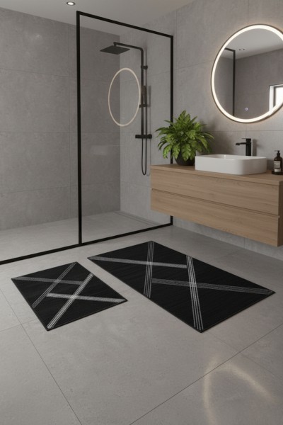 Oabhome Safir 2'li Banyo Paspası Seti – Yıkanabilir, Kaymaz Taban, Renkli Dekoratif, Dijital Baskı, Siyah