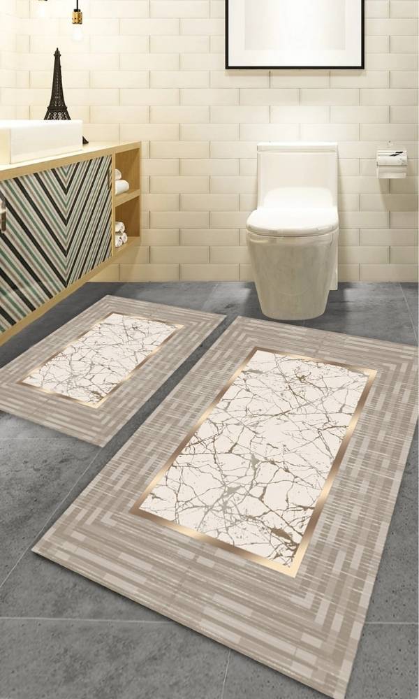 Oabhome Safir 2'li Banyo Paspası Seti – Yıkanabilir, Kaymaz Taban, Renkli Dekoratif, Dijital Baskı, Krem-Bej