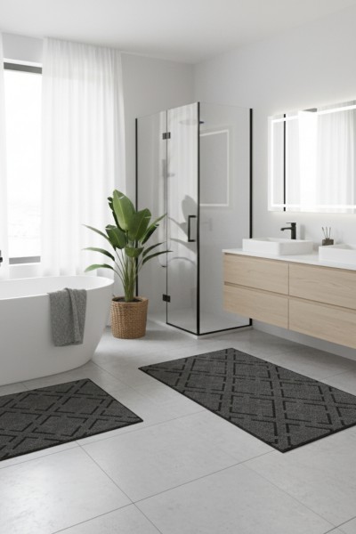 Oabhome Safir 2'li Banyo Paspası Seti – Yıkanabilir, Kaymaz Taban, Renkli Dekoratif, Dijital Baskı, Siyah