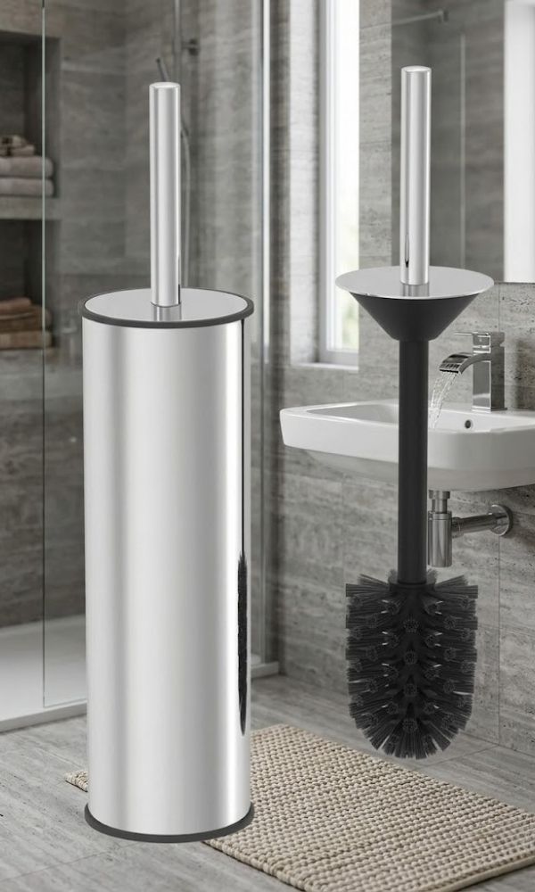 2’li Paslanmaz Çelik Banyo Seti 5 Litre Çöp Kovası ve Tuvalet Fırçası Gri