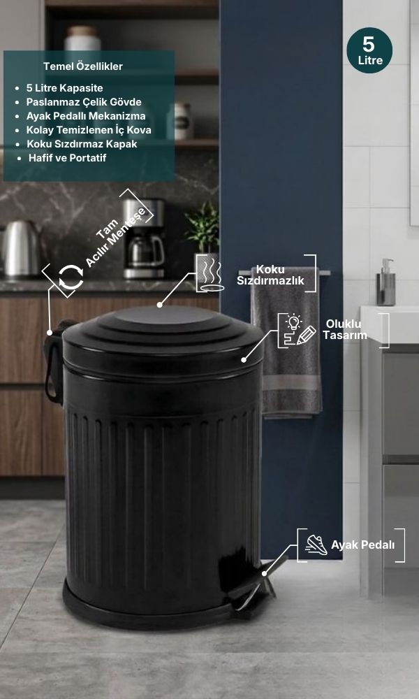 Retro 5 Litre Çöp Kovası Amortisör Kapaklı Siyah Banyo Mutfak Balkon Bahçe