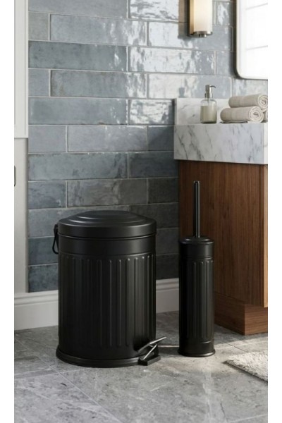 Retro 5 Litre Banyo Seti Çöp Kovası ve WC Fırçalık Amortisör Kapaklı Siyah Retro 5 Litre Banyo Seti Çöp Kovası ve WC Fırçalık Amortisör Kapaklı Siyah