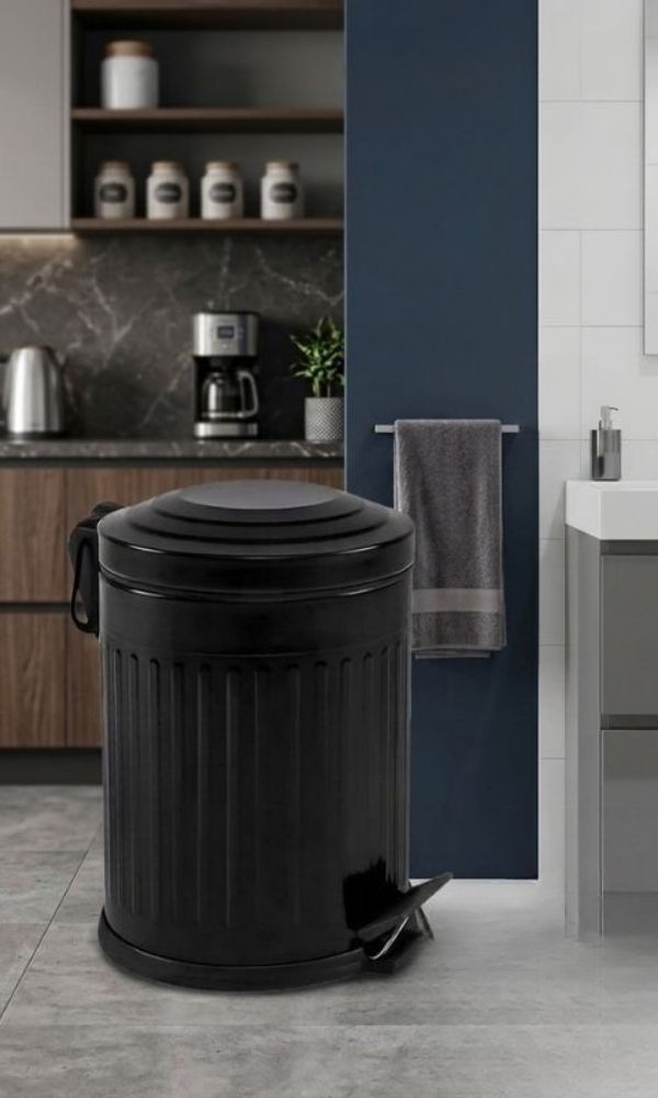 Retro 5 Litre Banyo Seti Çöp Kovası ve WC Fırçalık Amortisör Kapaklı Siyah