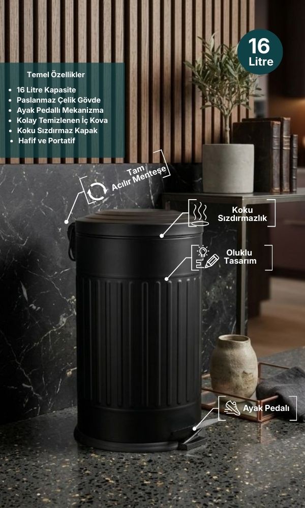 Retro 16 Litre Çöp Kovası Amortisör Kapaklı Siyah Bahçe Balkon Mutfak Banyo