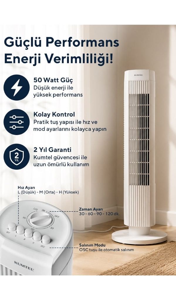 Ktf-258w Kule Tipi Vantilatör Beyaz 