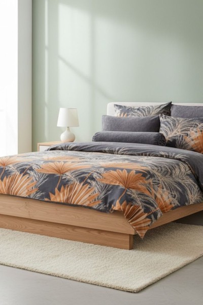 Çift Kişilik Çarşaflı Nevresim Takımı Pamuklu 4 Parça Desenli Palmiye