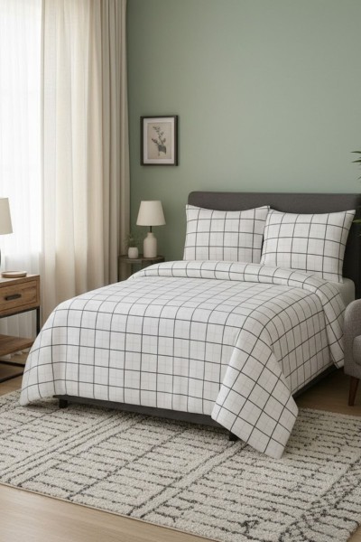 Çift Kişilik Çarşaflı Nevresim Takımı Pamuklu 4 Parça Desenli Beyaz cizgili