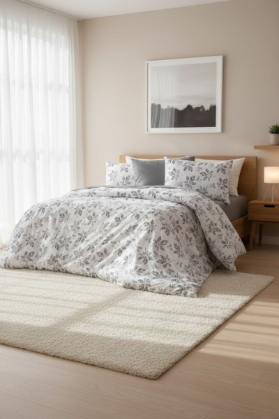 Çift Kişilik Çarşaflı Nevresim Takımı Pamuklu 4 Parça Desenli Beyaz Palmiye