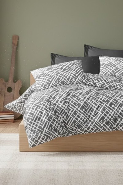 Çift Kişilik Çarşaflı Nevresim Takımı Pamuklu 4 Parça Siyah Desen