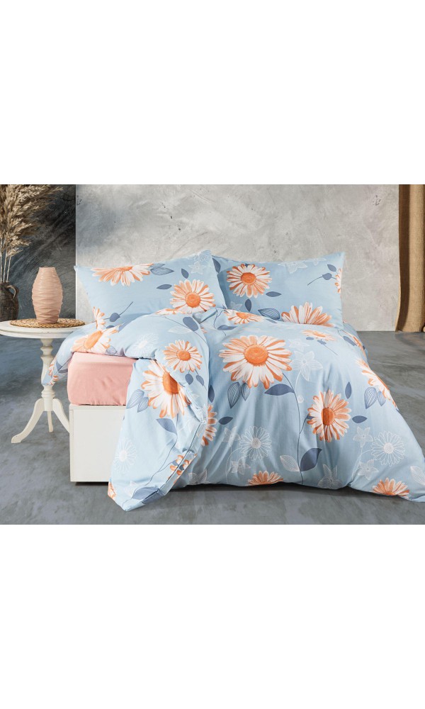 Çift Kişilik Çarşaflı Nevresim Takımı Pamuklu 4 Parça Mavi Çiçek Desenli