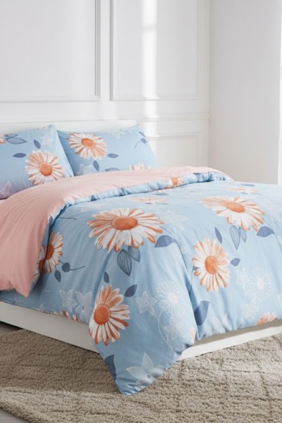 Çift Kişilik Çarşaflı Nevresim Takımı Pamuklu 4 Parça Mavi Çiçek Desenli