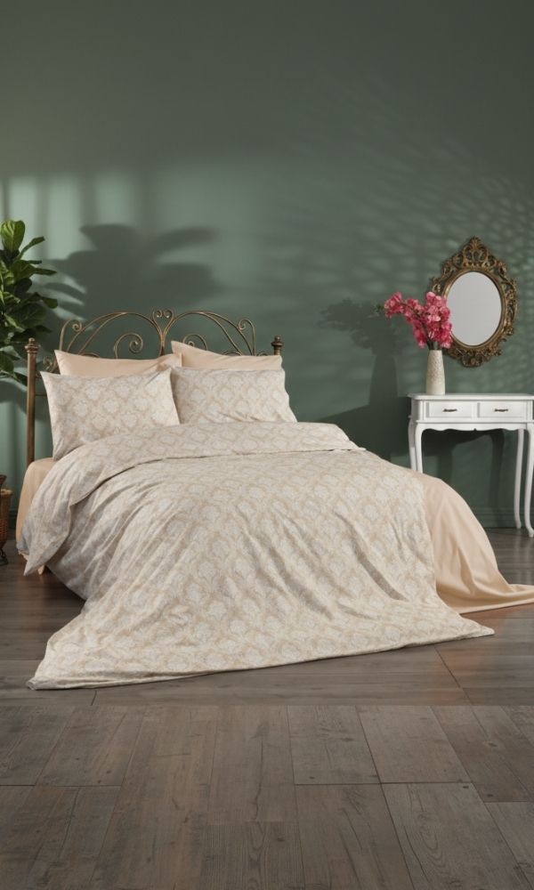 Çift Kişilik Çarşaflı Nevresim Takımı Ranforce 4 Parça Ekru Damask Desenli
