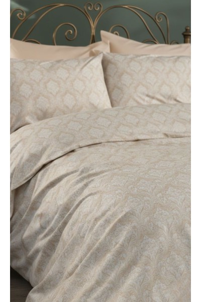Çift Kişilik Çarşaflı Nevresim Takımı Ranforce 4 Parça Ekru Damask Desenli