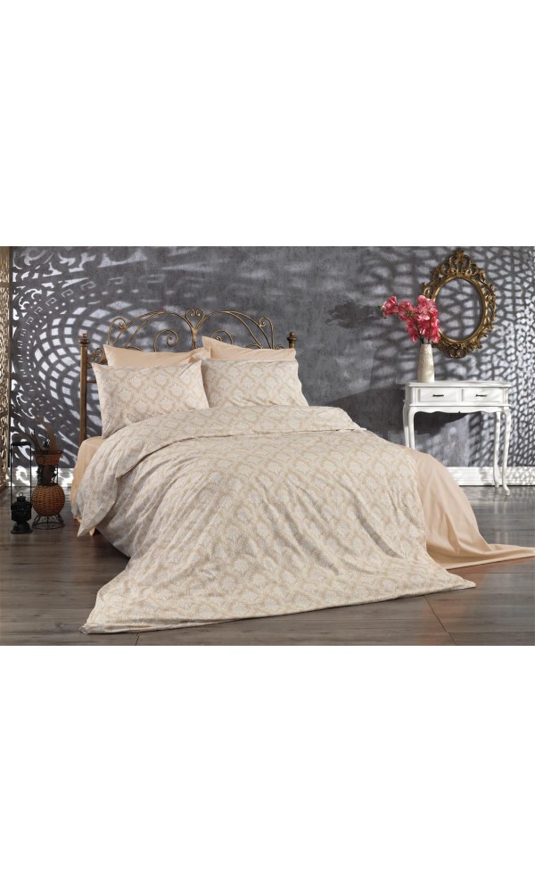 Çift Kişilik Çarşaflı Nevresim Takımı Pamuklu 4 Parça Desenli Ekru