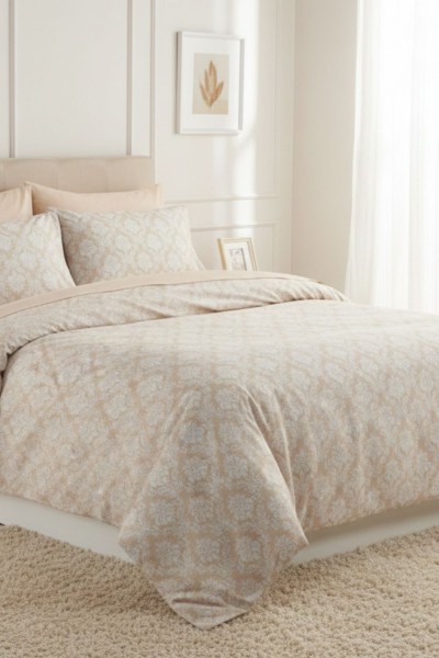 Çift Kişilik Çarşaflı Nevresim Takımı Pamuklu 4 Parça Desenli Ekru