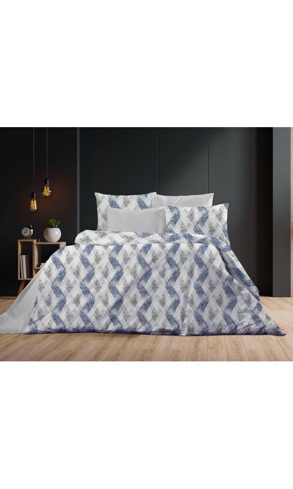 Çift Kişilik Çarşaflı Nevresim Takımı Pamuklu 4 Parça Mavi Desenli