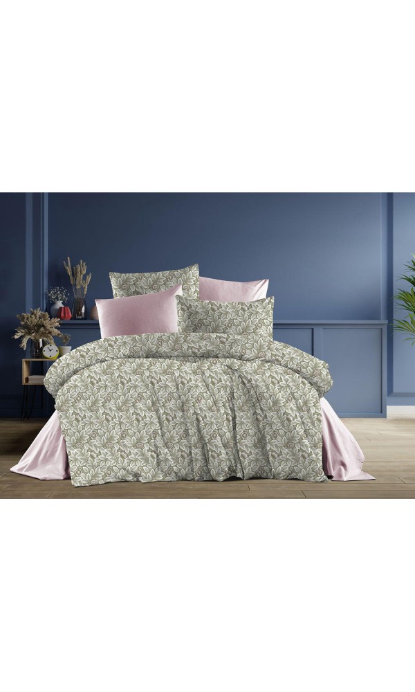 Çift Kişilik Çarşaflı Nevresim Takımı Pamuklu 4 Parça Desenli Haki