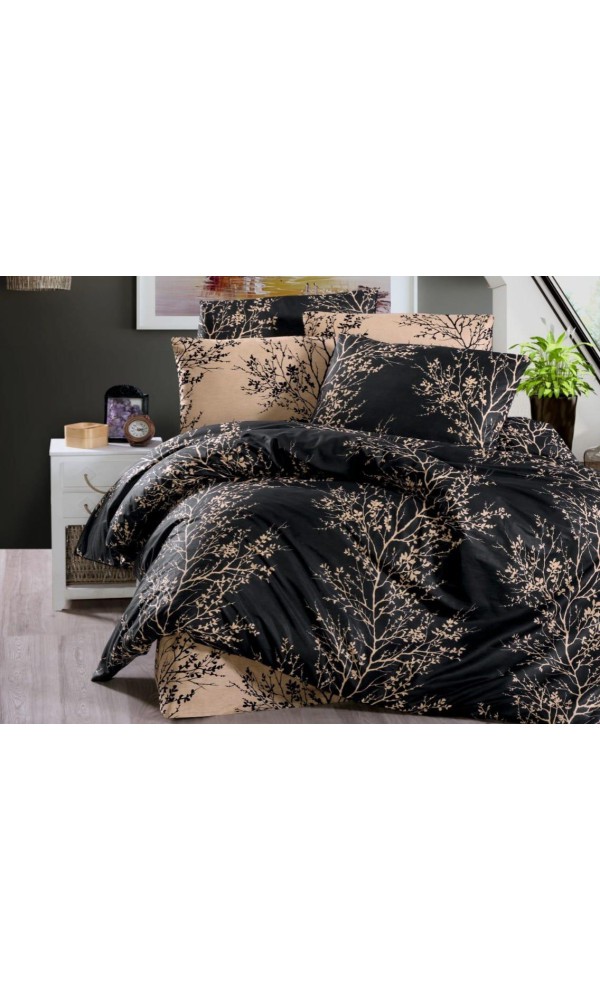 Çift Kişilik Çarşaflı Nevresim Takımı Pamuklu 4 Parça Siyah Çiçek Desenli