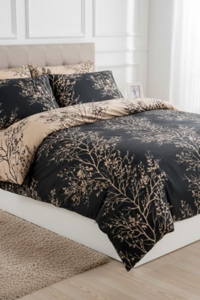 Çift Kişilik Çarşaflı Nevresim Takımı Pamuklu 4 Parça Siyah Çiçek Desenli