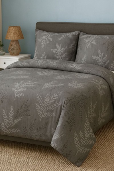 Çift Kişilik Çarşaflı Nevresim Takımı Pamuklu 4 Parça Gri Desenli Palmiye 