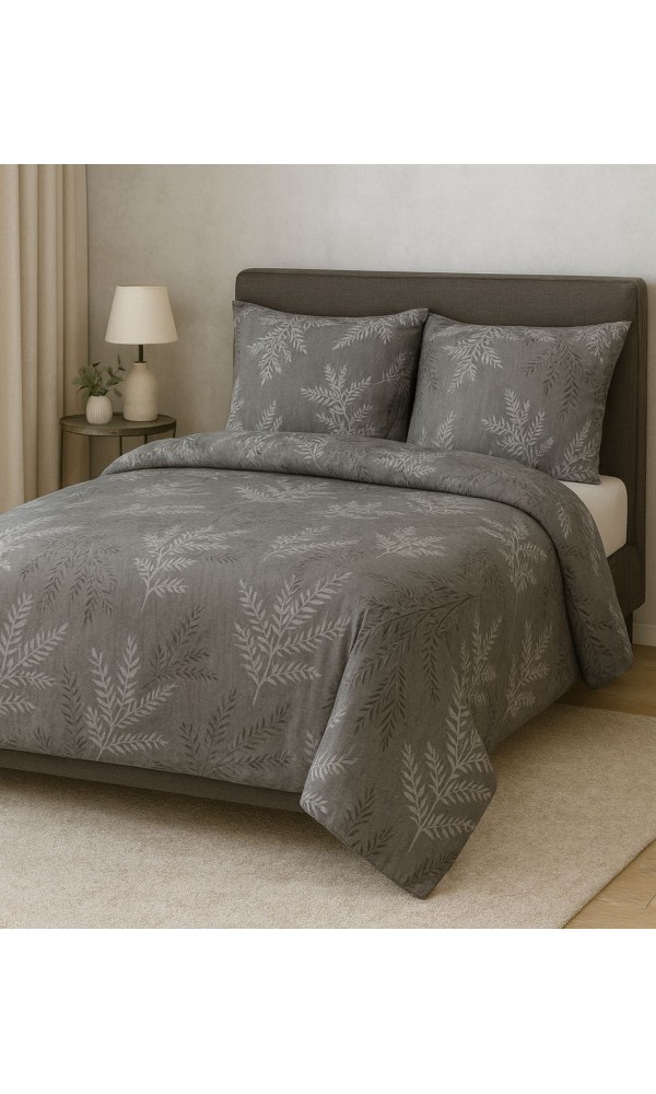 Çift Kişilik Çarşaflı Nevresim Takımı Pamuklu 4 Parça Gri Desenli Palmiye 