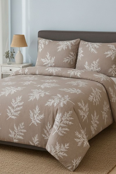 Çift Kişilik Çarşaflı Nevresim Takımı Pamuklu 4 Parça Kahverengi Desenli Palmiye