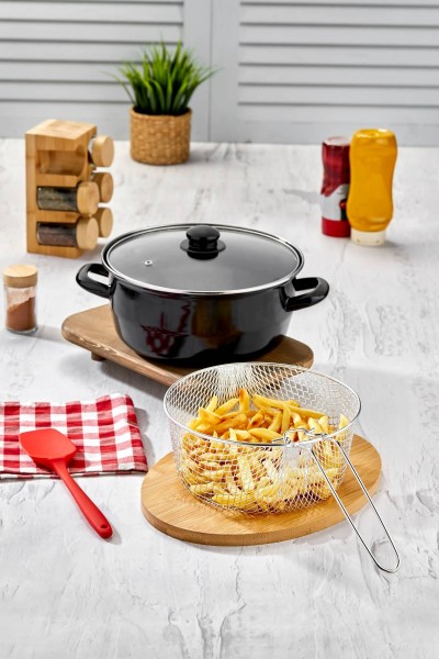 Emaye Kızartma Tenceresi 24 cm - Siyah Fritöz Telli ve Kapaklı