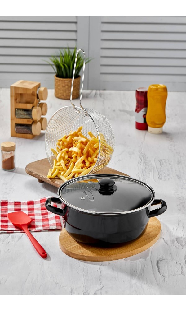 Emaye Kızartma Tenceresi 20 cm - Siyah Fritöz Telli ve Kapaklı