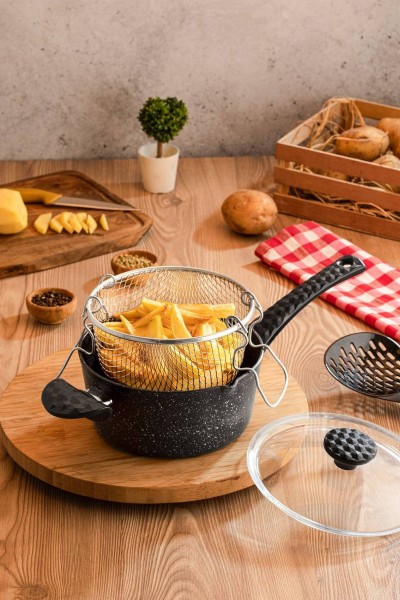 Cheflon Granit Patates ve Sosis Kızartma Tenceresi 20 cm - Fritöz Telli ve Kapaklı - Siyah Cheflon Granit Patates ve Sosis Kızartma Tenceresi 20 cm - Fritöz Telli ve Kapaklı - Siyah