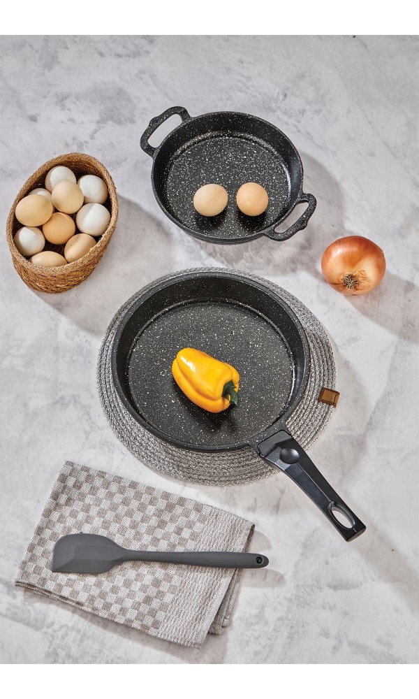 Kristal Granit Tava ve Sahan Seti - 2li Takım - 24 cm Tava + 20 cm Sahan - Siyah